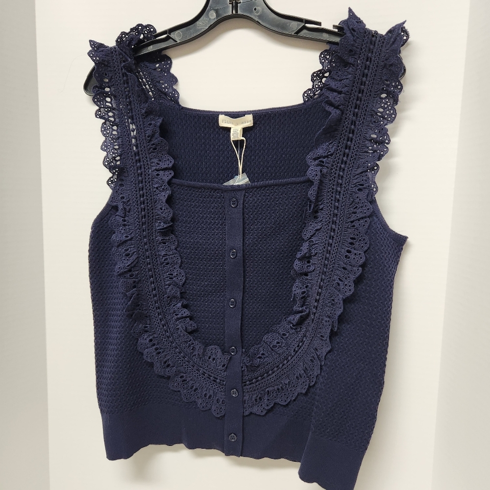 Flint & Moss Navy Blue Lace Tank Top Sweater Boho Unique Artsy Sz Large New